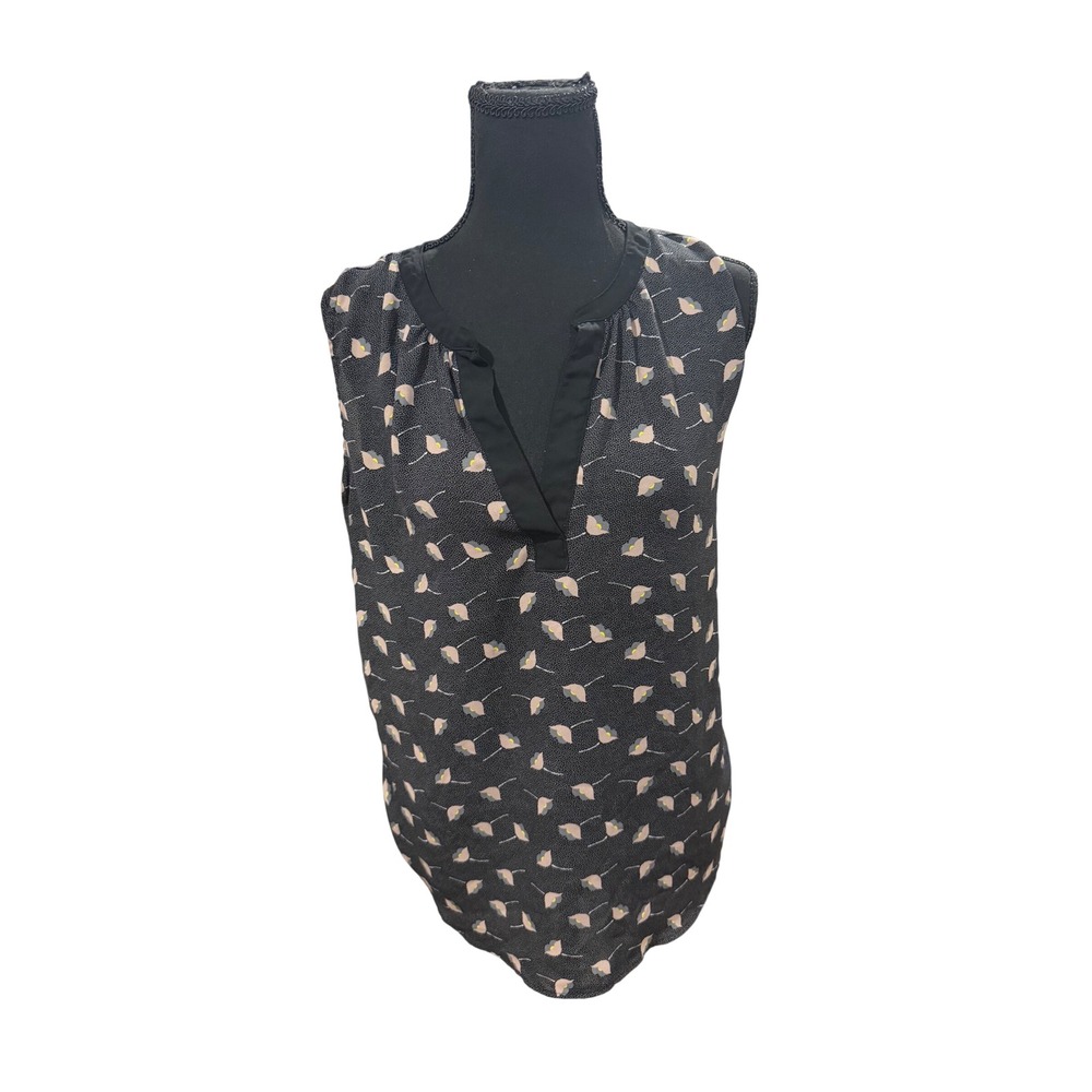 LOFT Womens Floral Tulip Split V-Neck Sleeveless Blouse Black Medium